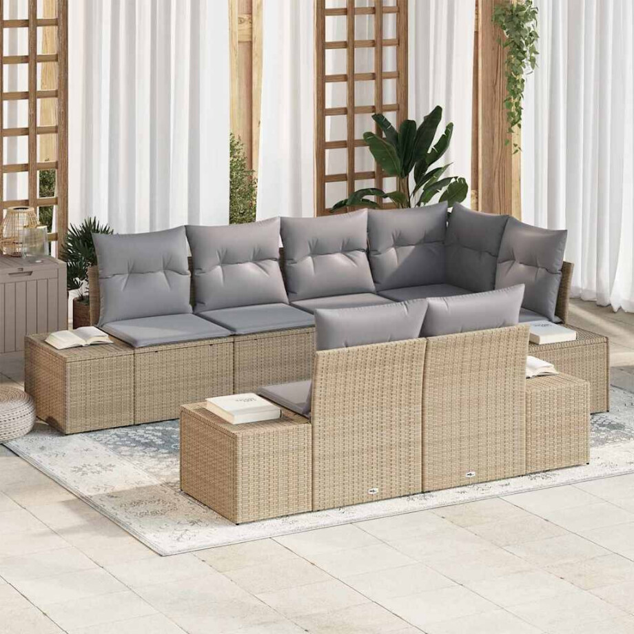vidaXL Tuin Sofa Set met kussen 7 pcs Beige en Grijs poly rattan afbeelding 1