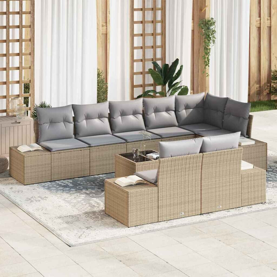 vidaXL Tuin Sofa Set met kussen 9 pcs Beige en Grijs poly rattan afbeelding 1