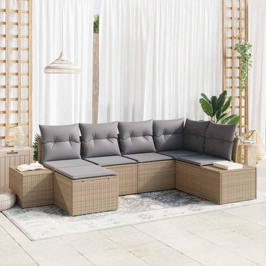 vidaXL Tuin Sofa Set met kussen 6 pcs Beige en Grijs poly rattan afbeelding 1