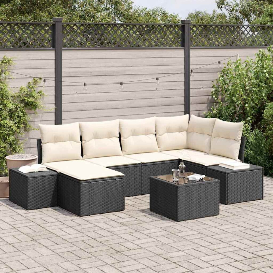 vidaXL Tuin Sofa Set met kussen 7 pcs Zwart en crème Poly riet afbeelding 1