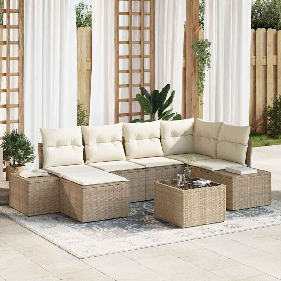 vidaXL Tuin Sofa Set met kussen 7 pcs Beige en Crème poly rattan afbeelding 1