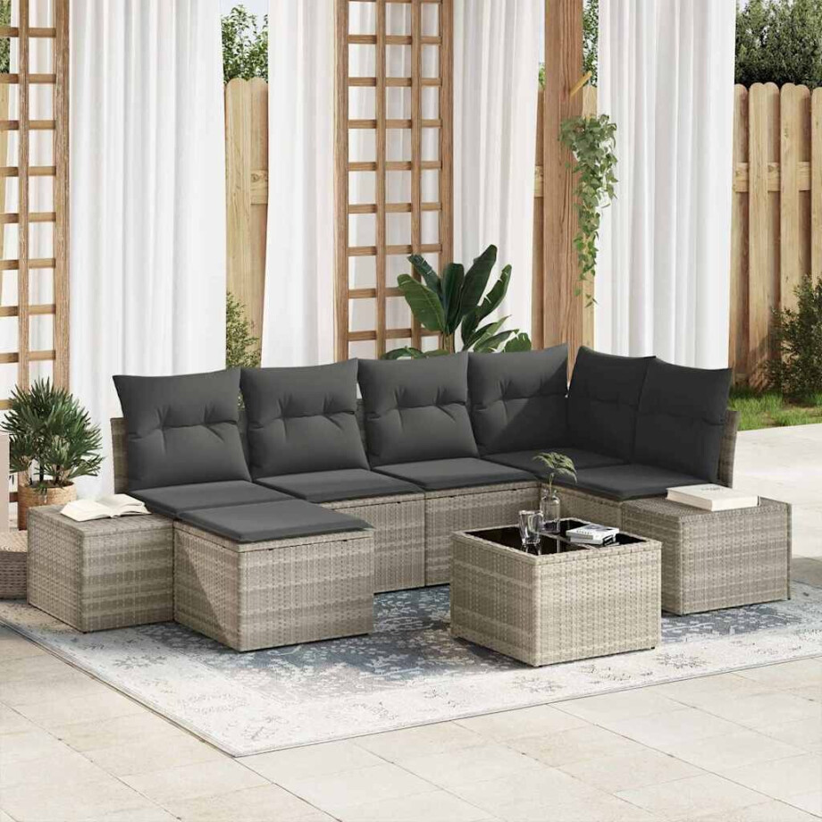 vidaXL Tuin Sofa Set met kussen 7 pcs Lichtgrijs poly rattan afbeelding 1