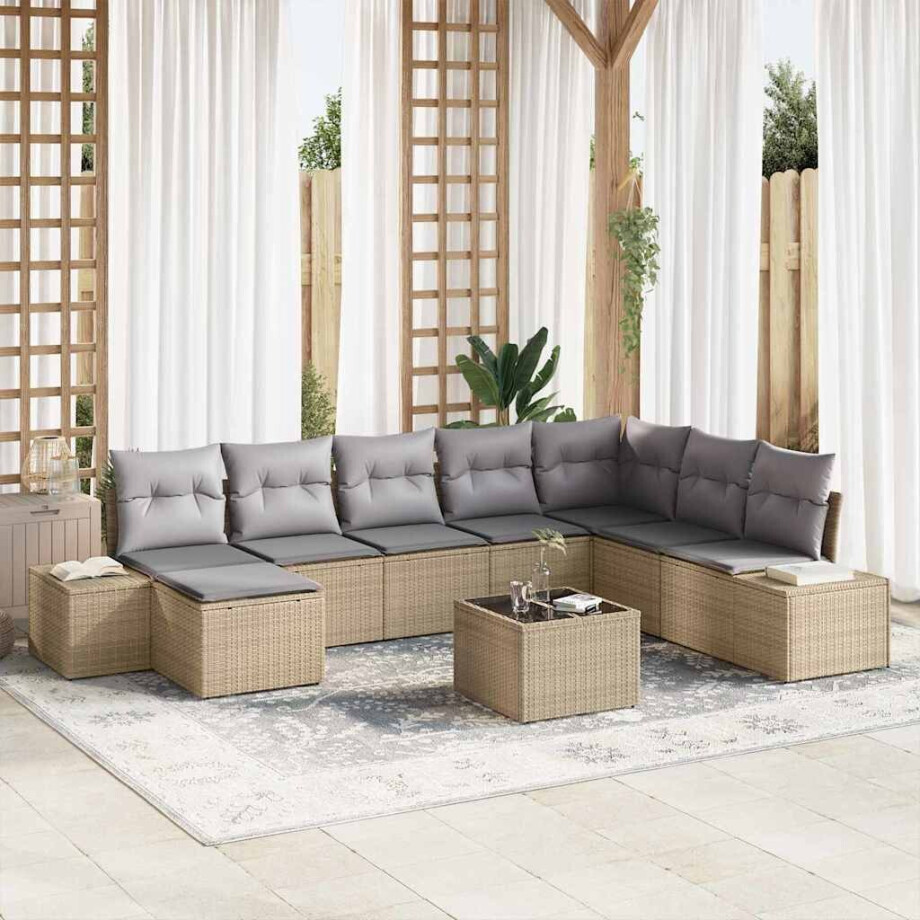 vidaXL Tuin Sofa Set met kussen 9 pcs Beige poly rattan afbeelding 1