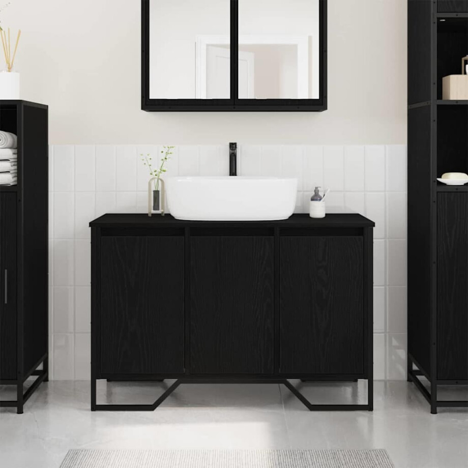 vidaXL Badkamertenk te kast Zwart Eiken 91 x 35 x 60 cm Bewerkt hout vidaXL Badkamertenk te kast Zwart Eiken 91 x 35 x 60 cm Bewerkt hout afbeelding 1
