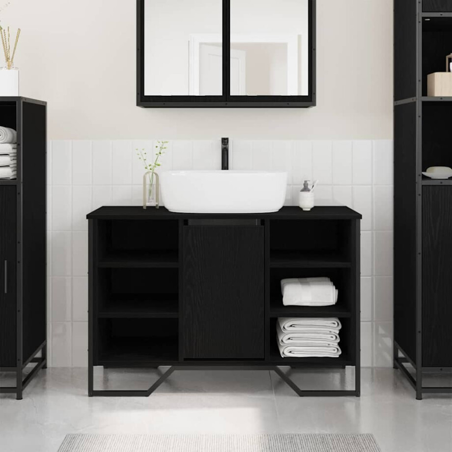 vidaXL Badkamertenk te kast Zwart Eiken 91 x 35 x 60 cm Bewerkt hout vidaXL Badkamertenk te kast Zwart Eiken 91 x 35 x 60 cm Bewerkt hout afbeelding 1