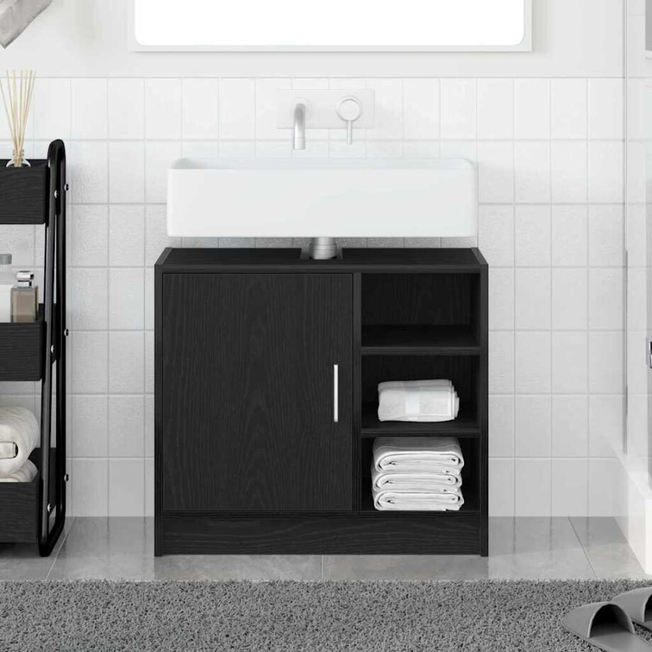 vidaXL Badkamerkast met plank Zwart Eiken 63 x 29 x 55 cm Bewerkt hout afbeelding 1