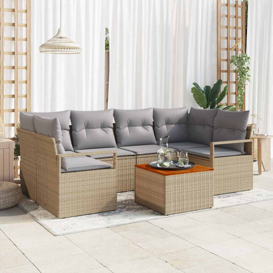 vidaXL Tuin Sofa Set met kussen 7 pcs Beige Poly riet afbeelding 1