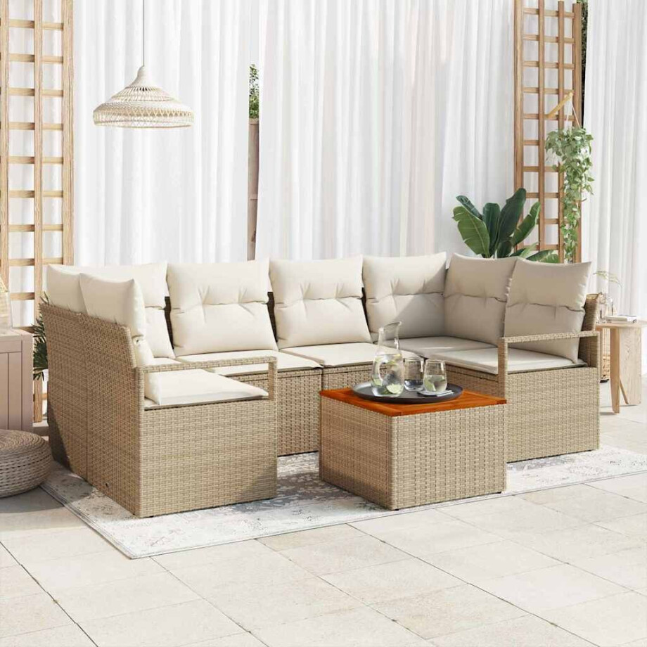 vidaXL Tuin Sofa Set met kussen 7 pcs Beige Poly riet vidaXL Tuin Sofa Set met kussen 7 pcs Beige Poly riet afbeelding 1