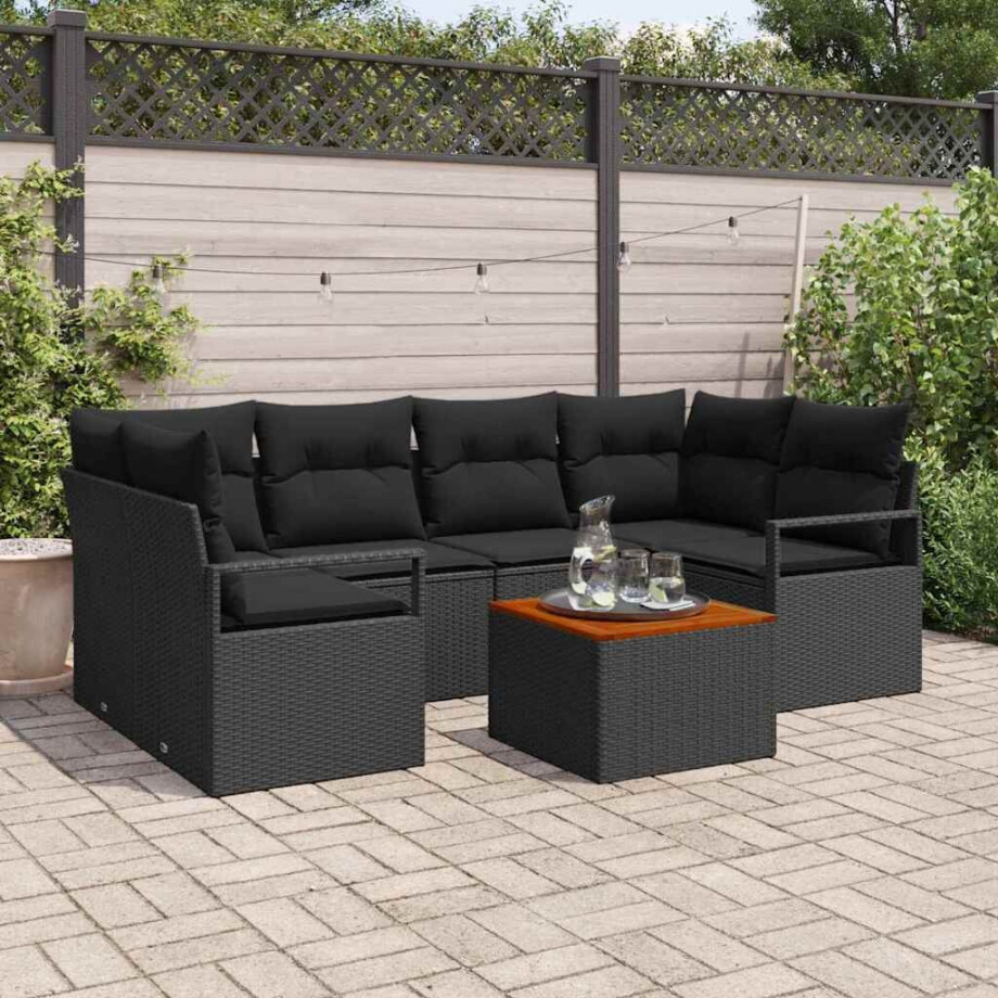 vidaXL Tuin Sofa Set met kussen 7 pcs Zwart Poly riet afbeelding 1