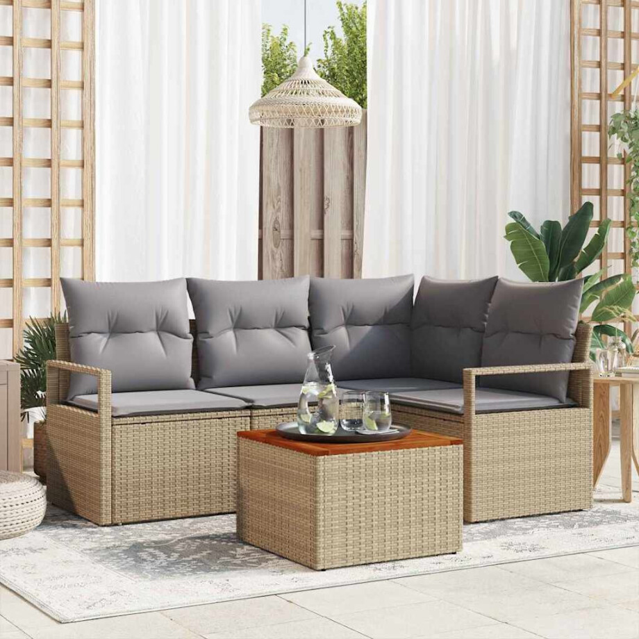 vidaXL Tuin Sofa Set met kussen 5 pcs Beige Poly riet afbeelding 1