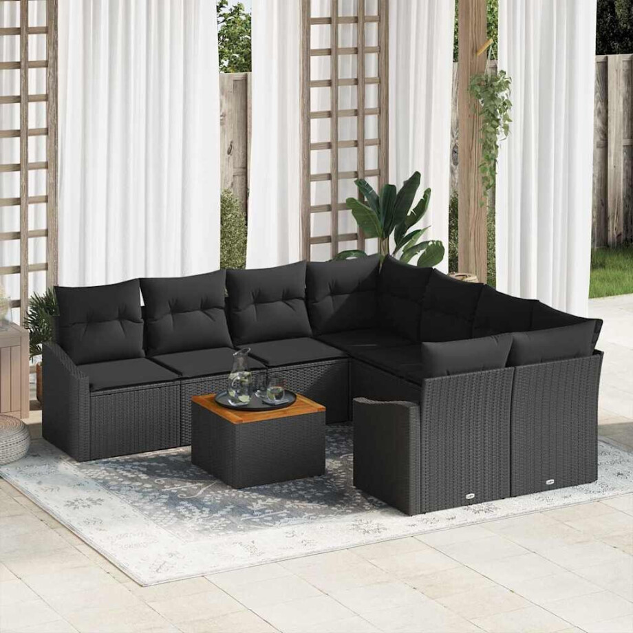 vidaXL Tuin Sofa Set met kussen 9 pcs Zwart Poly riet afbeelding 1