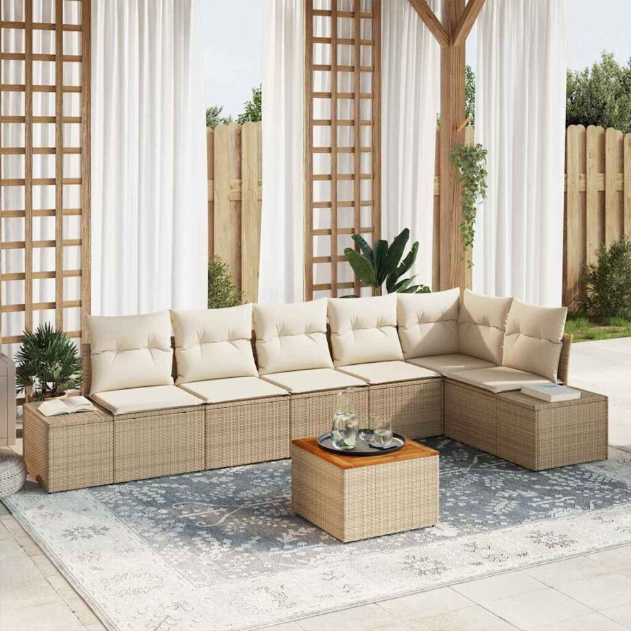 vidaXL Tuin Sofa Set met kussen 7 pcs Beige Poly riet afbeelding 1