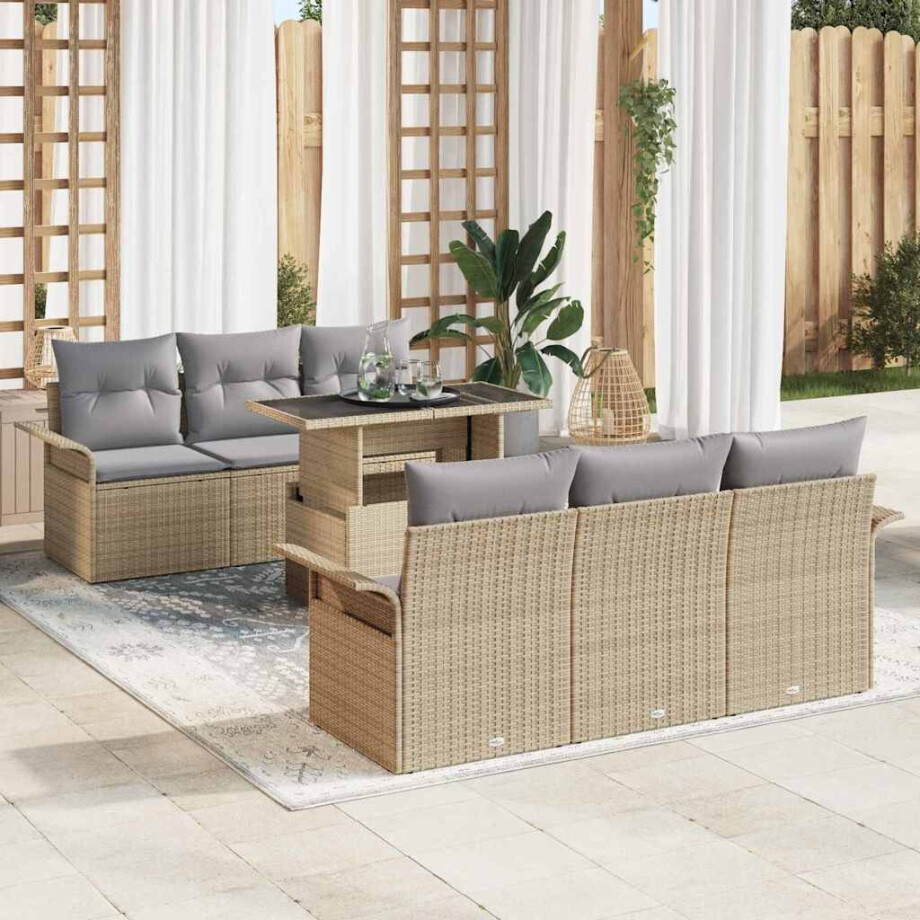 vidaXL Tuin Sofa Set met kussen 7 pcs Beige poly rattan afbeelding 1