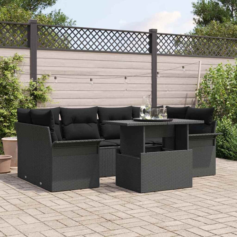 vidaXL Tuin Sofa Set met kussen 7 pcs Zwart Poly riet afbeelding 1