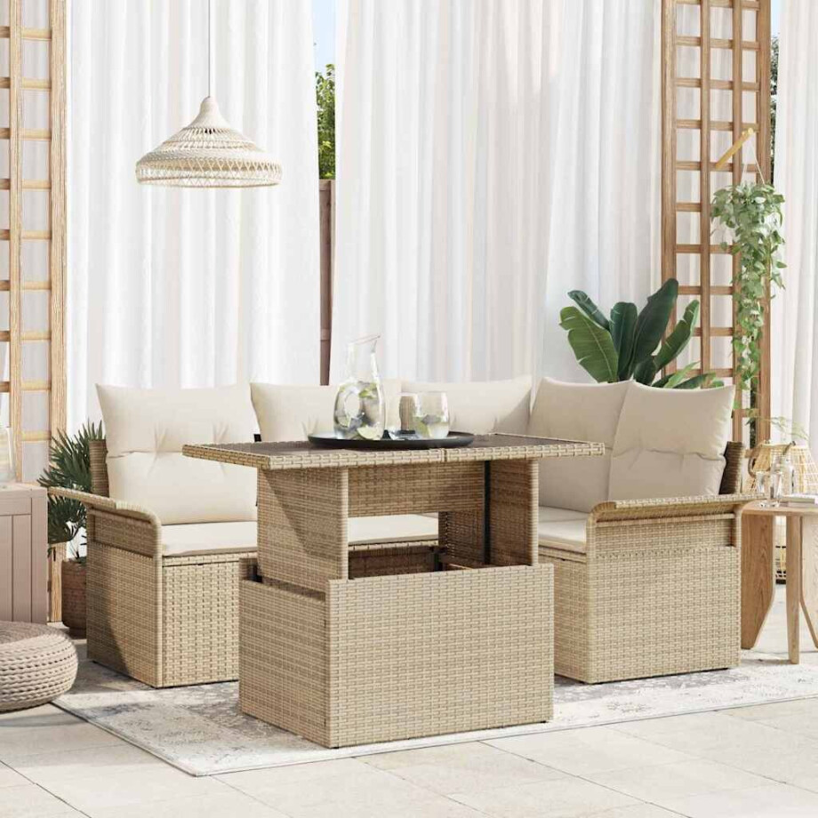 vidaXL Tuin Sofa Set met kussen 5 pcs Beige Poly riet afbeelding 1