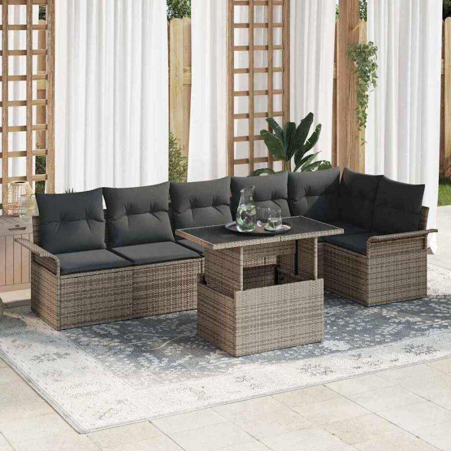 vidaXL Tuin Sofa Set met kussen 7 pcs Grijs Poly riet afbeelding 1
