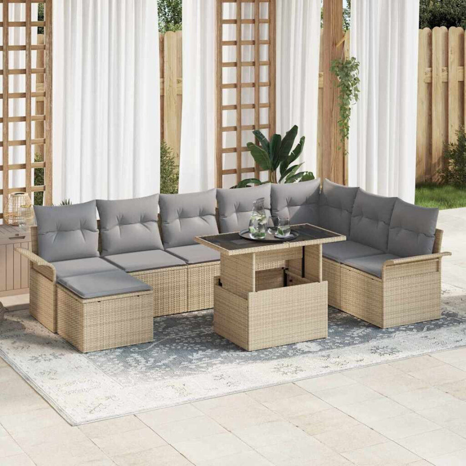 vidaXL Tuin Sofa Set met kussen 9 pcs Beige Poly riet afbeelding 1