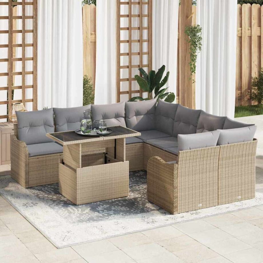 vidaXL Tuin Sofa Set met kussen 9 pcs Beige Poly riet afbeelding 1
