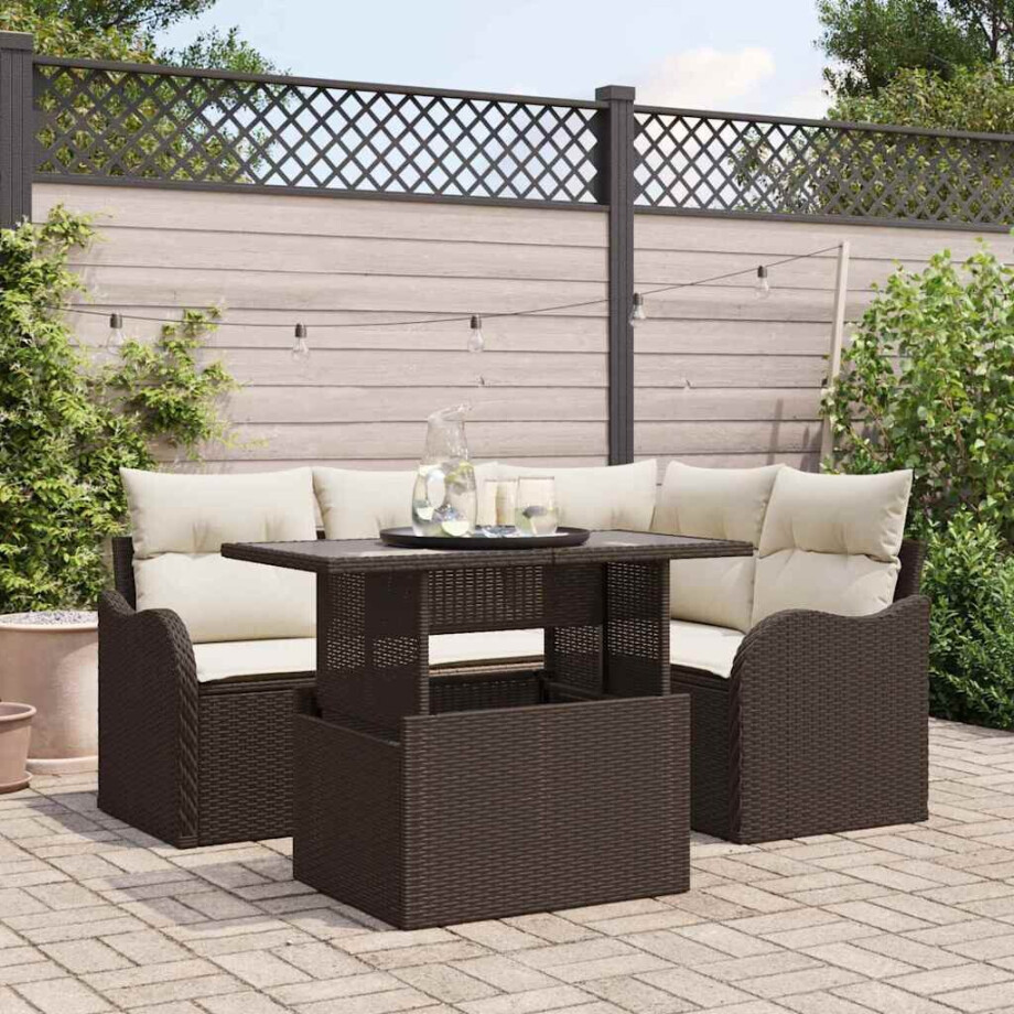vidaXL Buiten eetset met kussen 5 pcs Bruin Poly riet afbeelding 1