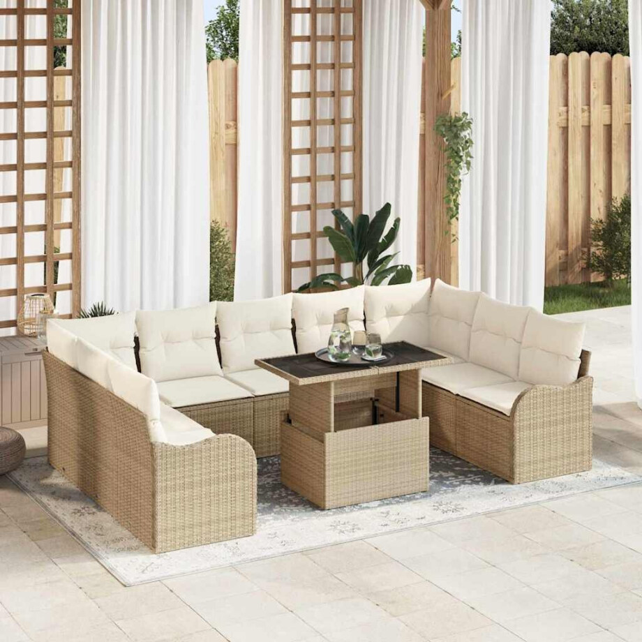 vidaXL Tuin Sofa Set met kussen 10 pcs Beige Poly riet afbeelding 1