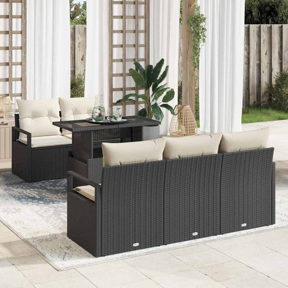 vidaXL Bankstel met kussen 6 pcs Zwart poly rattan afbeelding 1