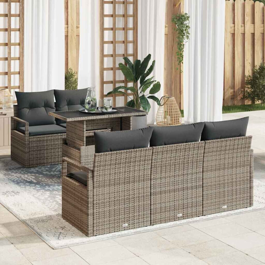 vidaXL Bankstel met kussen 6 pcs Grijs poly rattan afbeelding 1