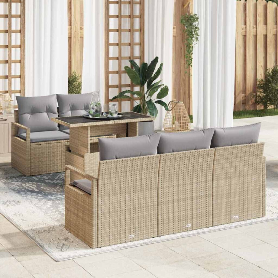 vidaXL Bankstel met kussen 6 pcs beige en lichtgrijs poly rattan afbeelding 1