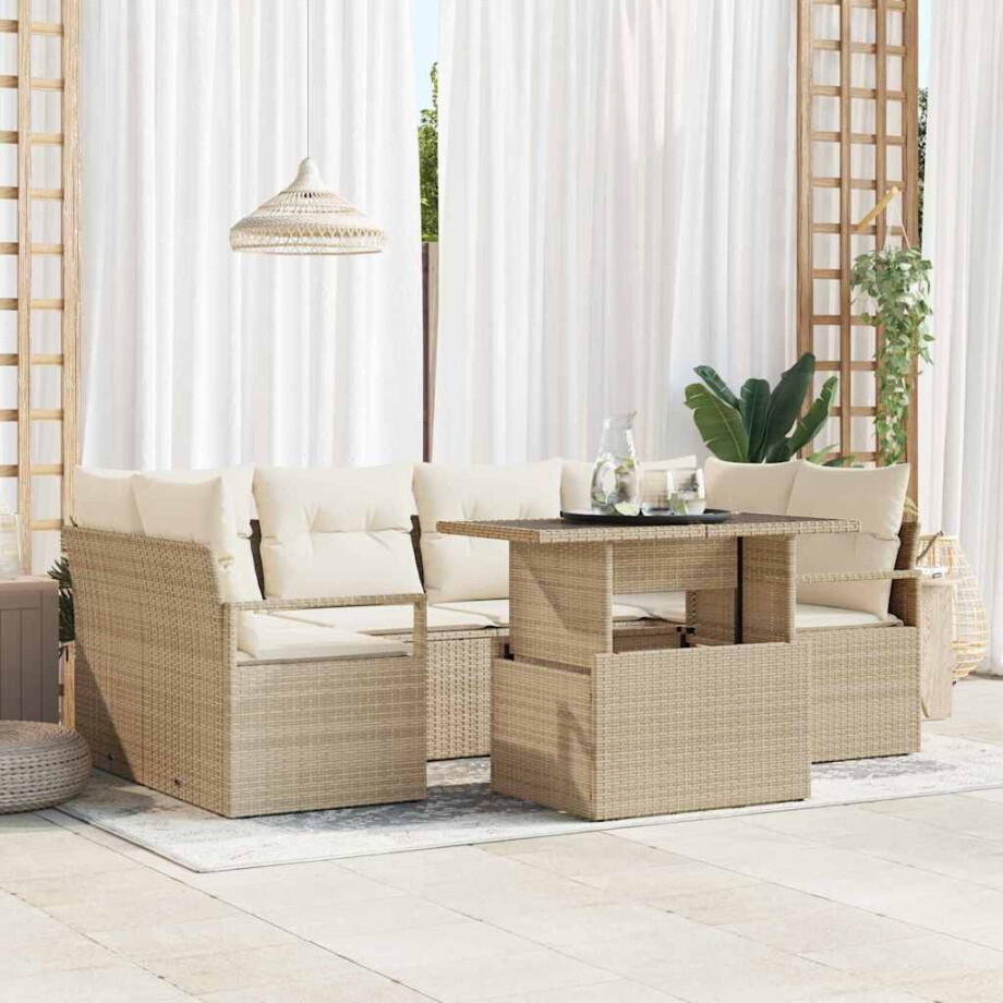vidaXL Bankstel met kussen 7 pcs Beige poly rattan afbeelding 1