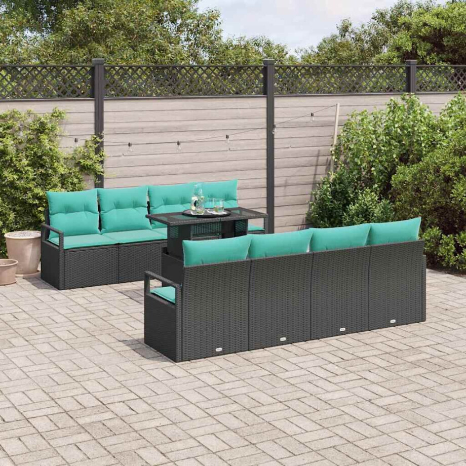 vidaXL Tuin Sofa Set met kussen 7 pcs Zwart en blauw poly rattan afbeelding 1