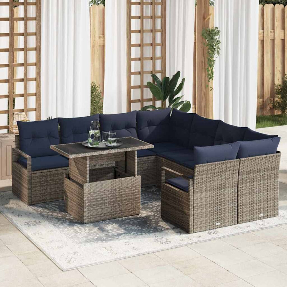 vidaXL Tuin Sofa Set met opslag 9 pcs Grijs en Marineblauw poly rattan afbeelding 1