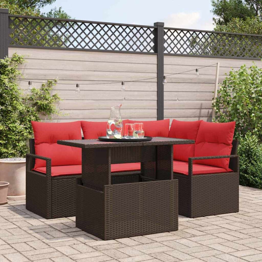 vidaXL Tuin Sofa Set met opslag 5 pcs Bruin en Rood poly rattan vidaXL Tuin Sofa Set met opslag 5 pcs Bruin en Rood poly rattan afbeelding 1