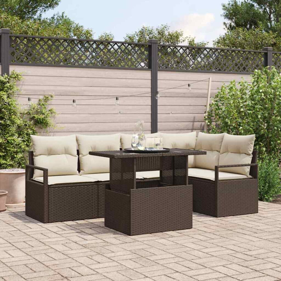 vidaXL Tuin Sofa Set met kussen 6 pcs Bruin en crème poly rattan vidaXL Tuin Sofa Set met kussen 6 pcs Bruin en crème poly rattan afbeelding 1
