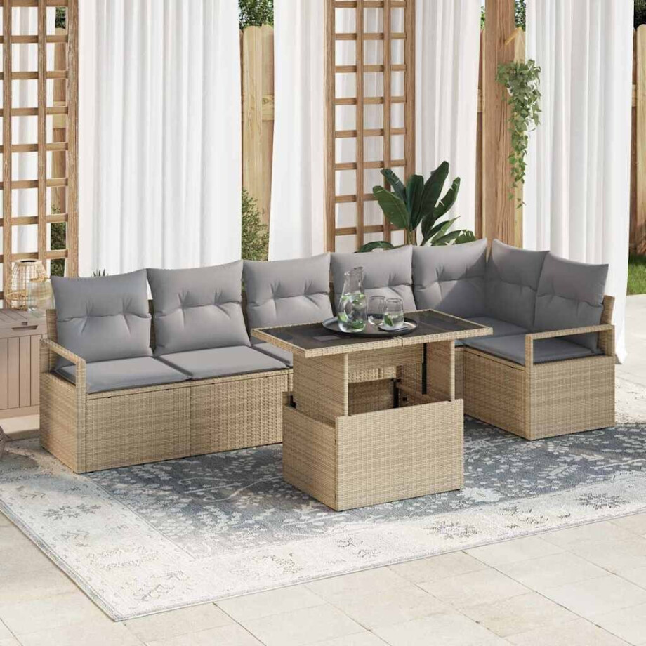 vidaXL Tuin Sofa Set met kussen 7 pcs Beige Poly riet afbeelding 1