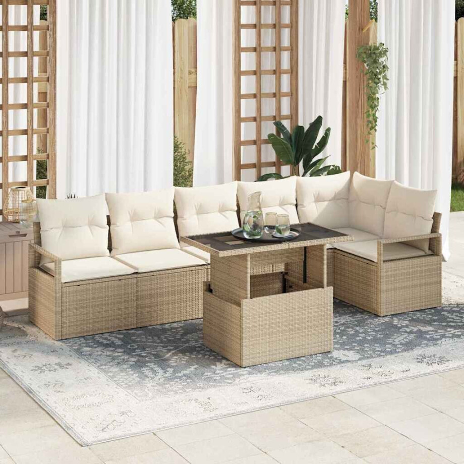 vidaXL Tuin Sofa Set met kussen 7 pcs Beige Poly riet afbeelding 1