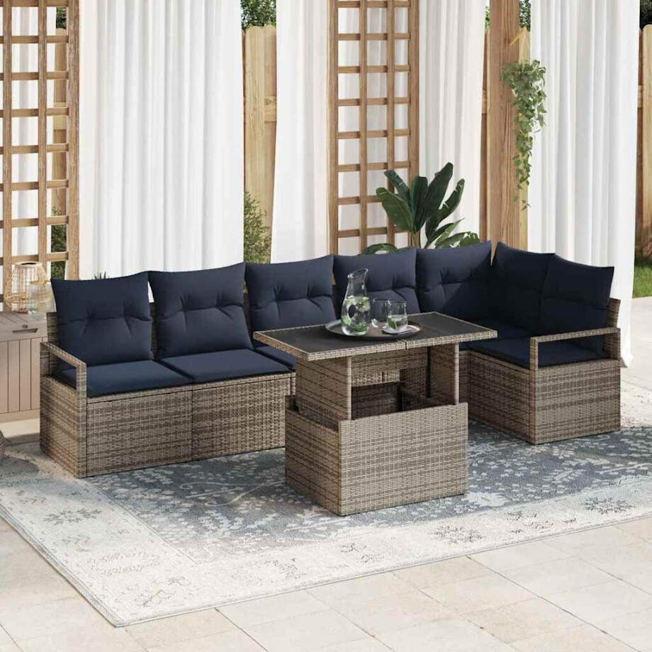 vidaXL Tuin Sofa Set met opslag 7 pcs Grijs en Marineblauw poly rattan afbeelding 1