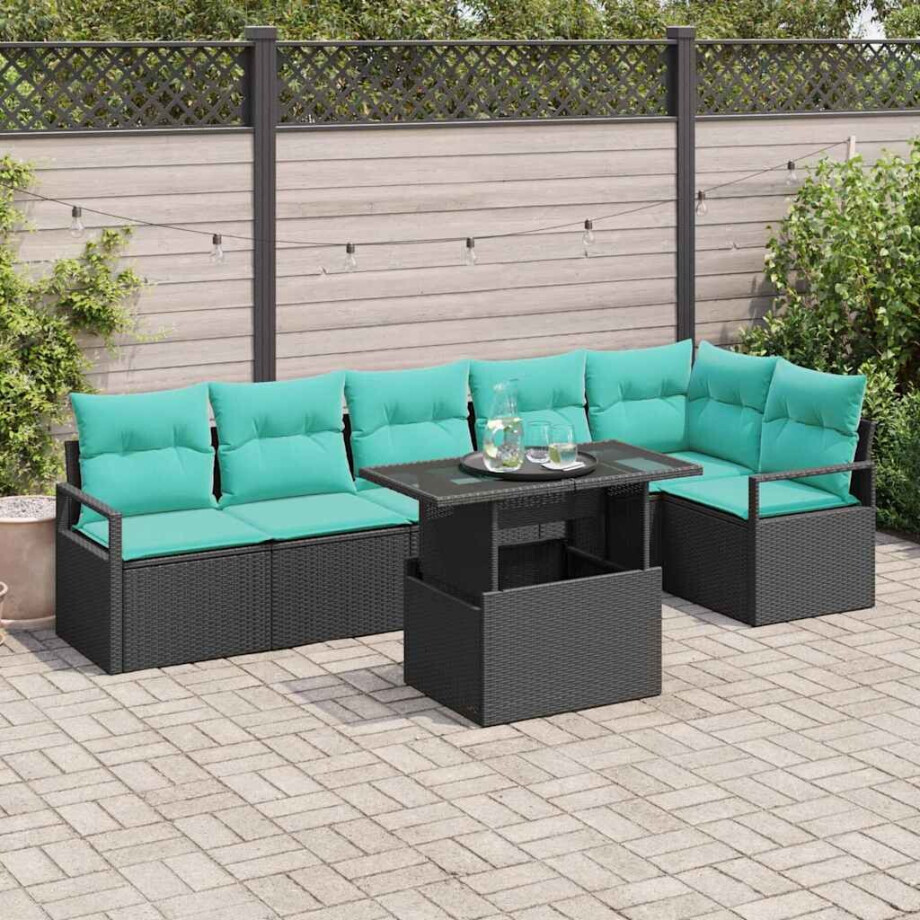 vidaXL Tuin Sofa Set met opslag 7 pcs Zwart en Blauw poly rattan afbeelding 1