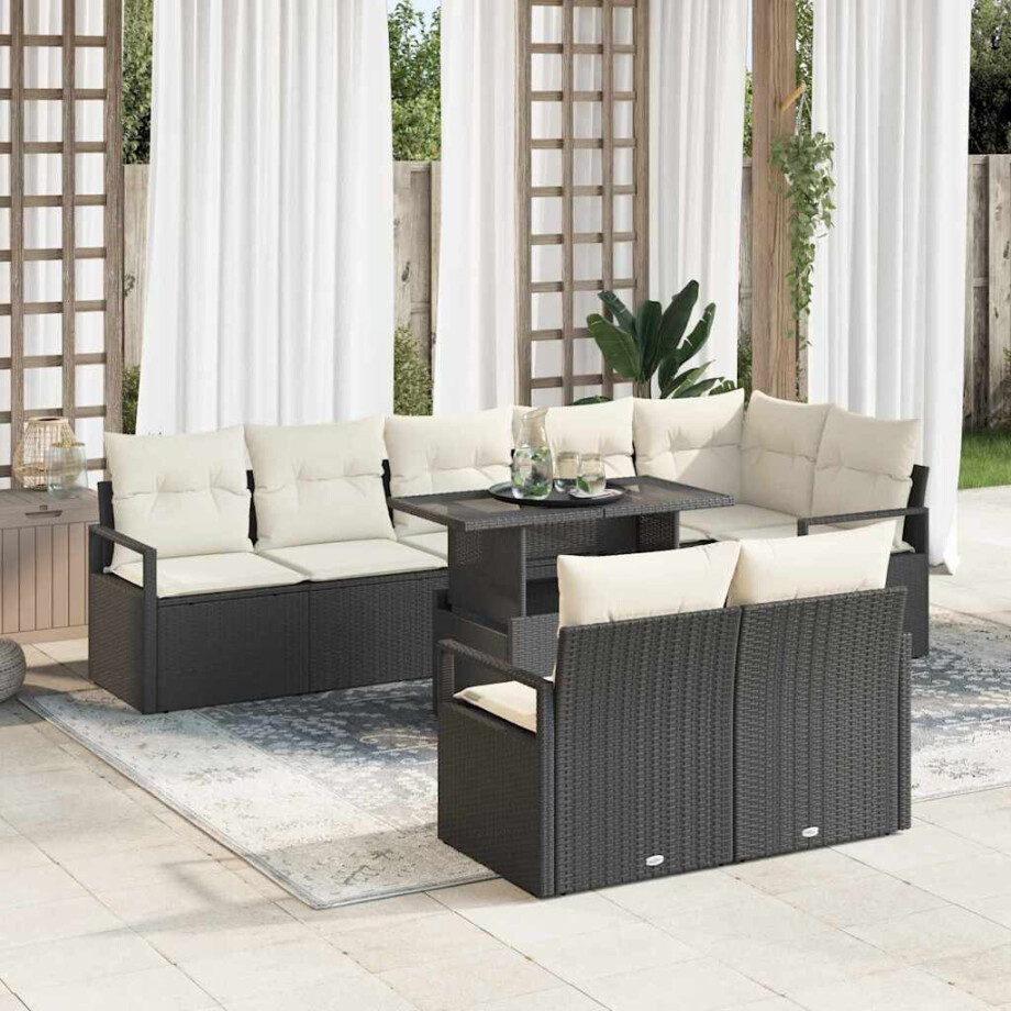 vidaXL Tuin Sofa Set met kussen 9 pcs Zwart en Crème poly rattan afbeelding 1