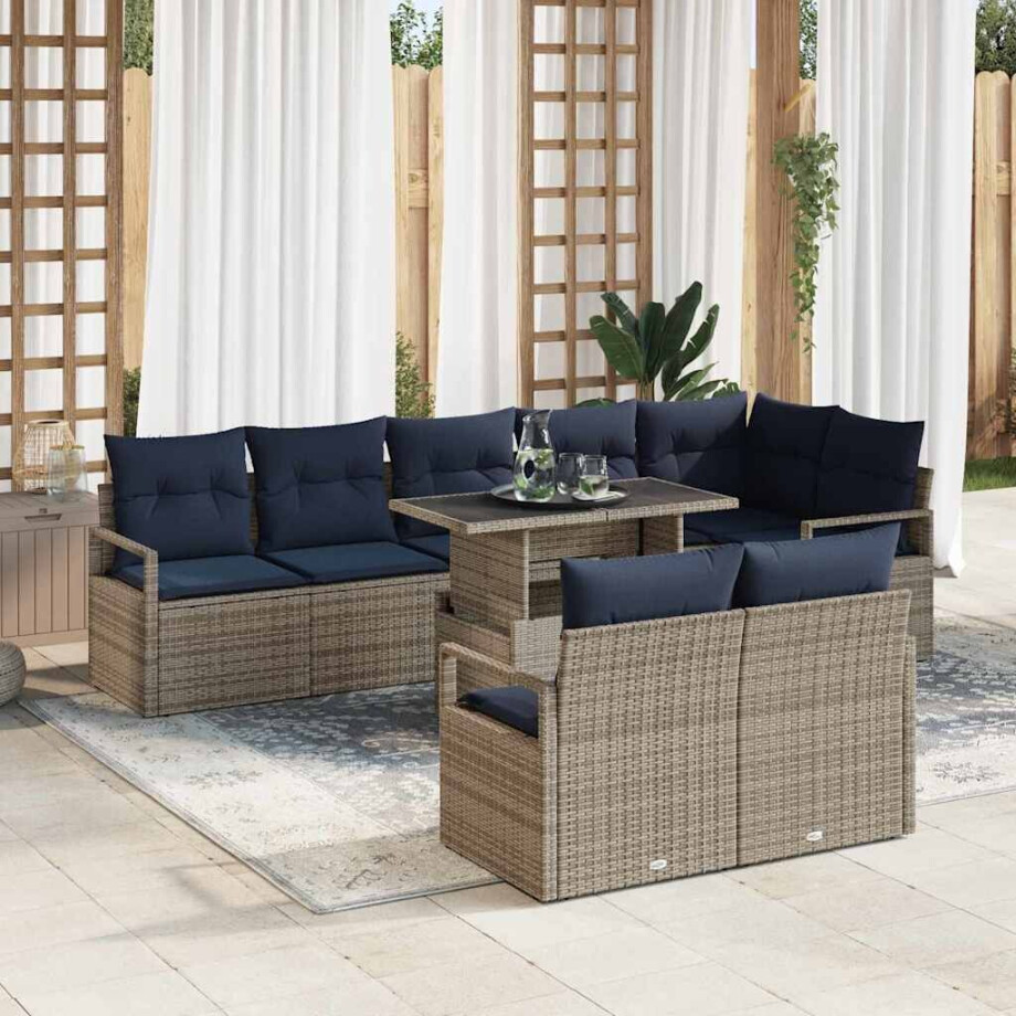 vidaXL Tuin Sofa Set met kussen 9 pcs Grijs en Marineblauw poly rattan afbeelding 1