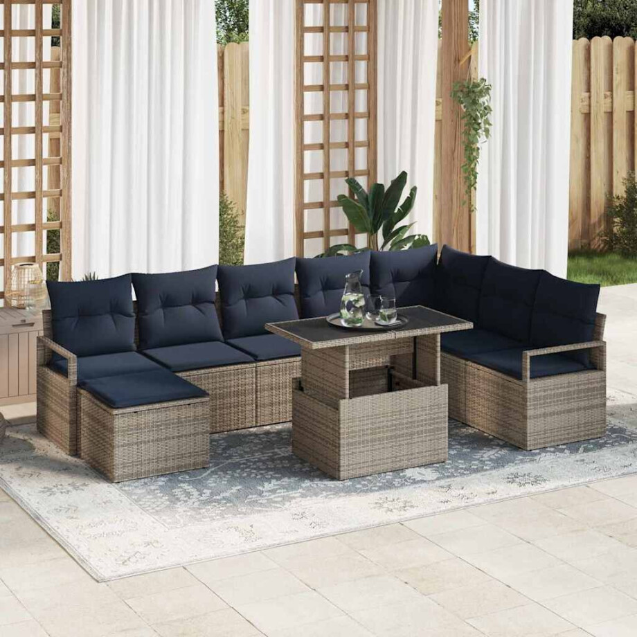 vidaXL Tuin Sofa Set met kussen met opslag 9 pcs grijs en marineblauw afbeelding 1