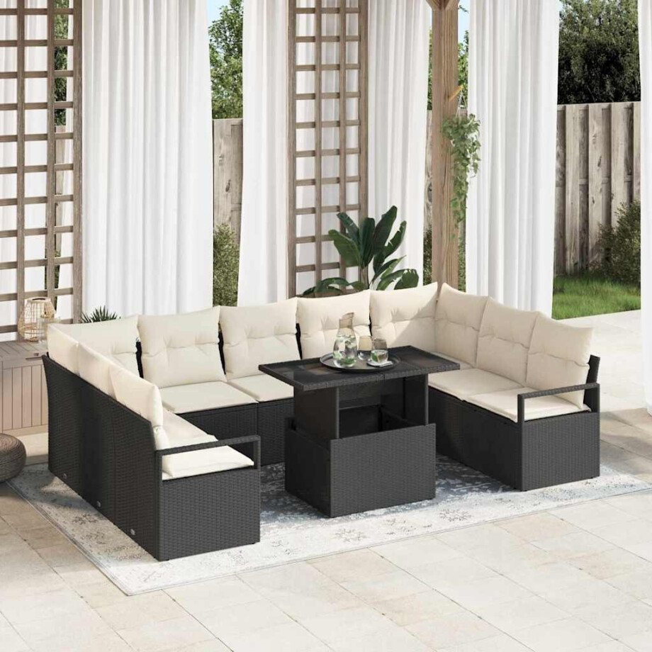 vidaXL Tuin Sofa Set met kussen 10 pcs Zwart en crème poly rattan afbeelding 1