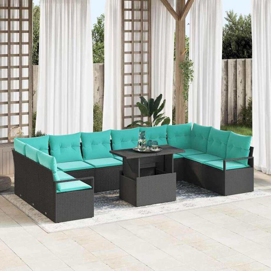 vidaXL Tuin Sofa Set met kussen 11 pcs Zwart en blauw poly rattan afbeelding 1