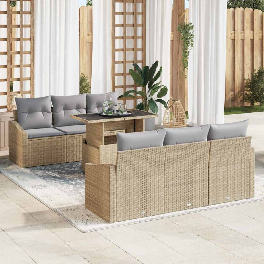 vidaXL Tuin Sofa Set met opslag 7 pcs Beige en Licht Grijs poly rattan afbeelding 1