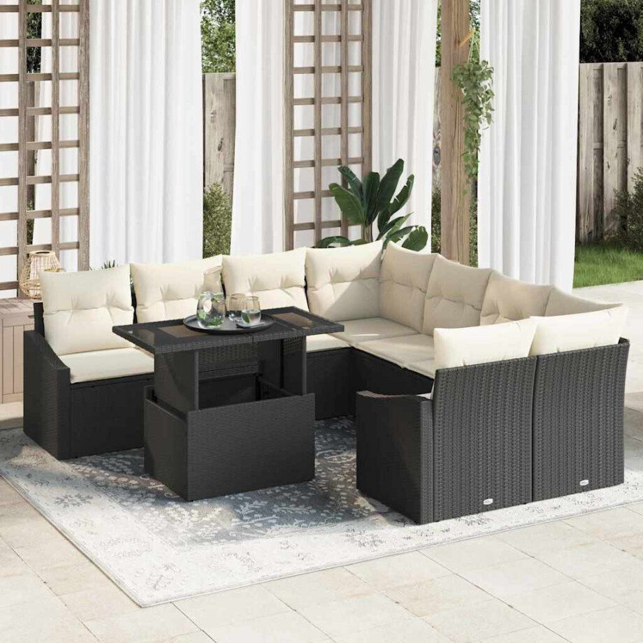 vidaXL Tuin Sofa Set met kussen 9 pcs Zwart en Crème poly rattan afbeelding 1