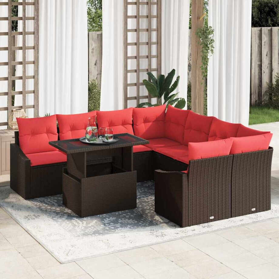 vidaXL Tuin Sofa Set 9 st Bruin en Rood poly rattan vidaXL Tuin Sofa Set 9 st Bruin en Rood poly rattan afbeelding 1