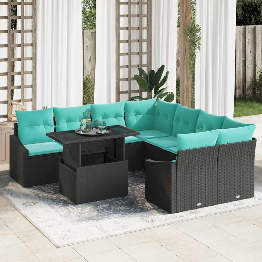 vidaXL Tuin Sofa Set met kussen 9 pcs Zwart en blauw poly rattan afbeelding 1