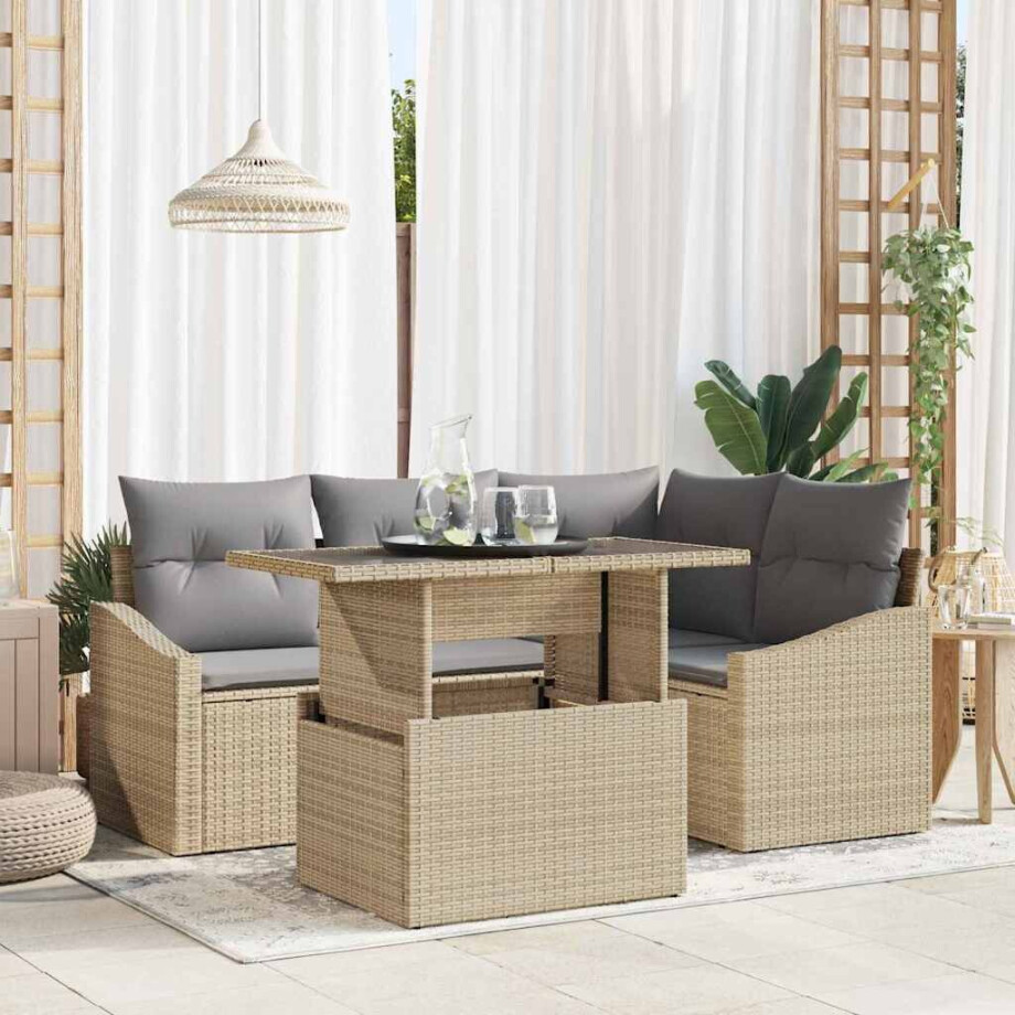 vidaXL Tuin Sofa Set met kussen 5 pcs Beige en Licht Grijs poly rattan afbeelding 1