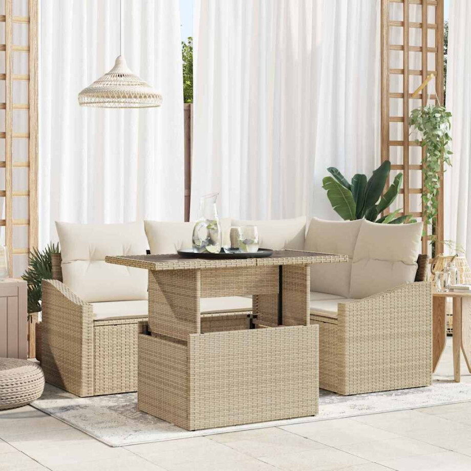 vidaXL Tuin Sofa Set met kussen 5 pcs Beige en Crème poly rattan afbeelding 1