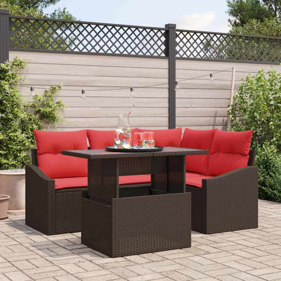 vidaXL Tuin Sofa Set 5 st Bruin en Rood poly rattan vidaXL Tuin Sofa Set 5 st Bruin en Rood poly rattan afbeelding 1