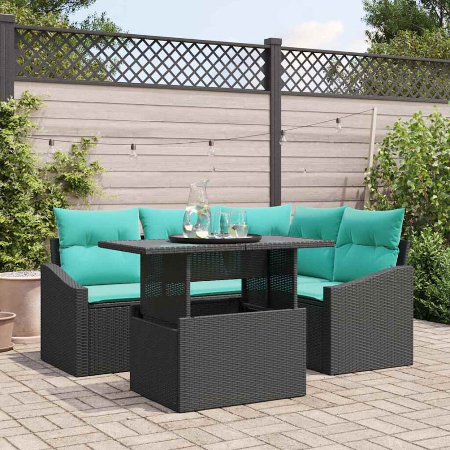vidaXL Tuin Sofa Set met kussen met opslag 5 pcs Zwart en blauw vidaXL Tuin Sofa Set met kussen met opslag 5 pcs Zwart en blauw afbeelding 1