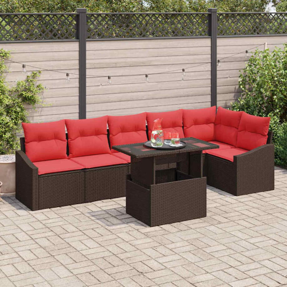 vidaXL Tuin Sofa Set 7 st Bruin en Rood poly rattan afbeelding 1